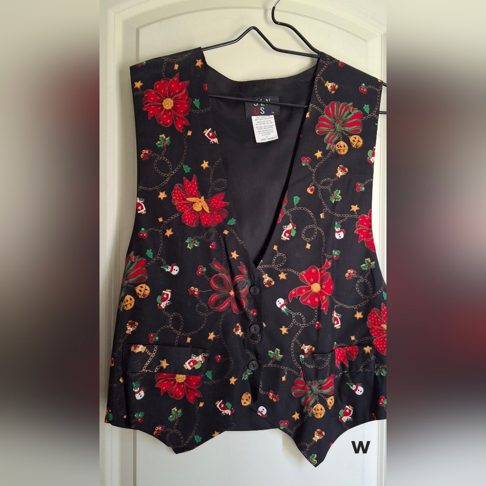Womens JLN USA Vintage Winter Themed Floral Vest Size L Christmas Sleeveless